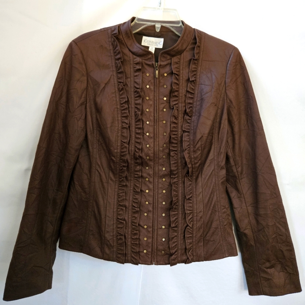 Conrad C Faux Leather Jacket in Chocolate Size 6 Soft Full Zip Shoulder Pads EUC